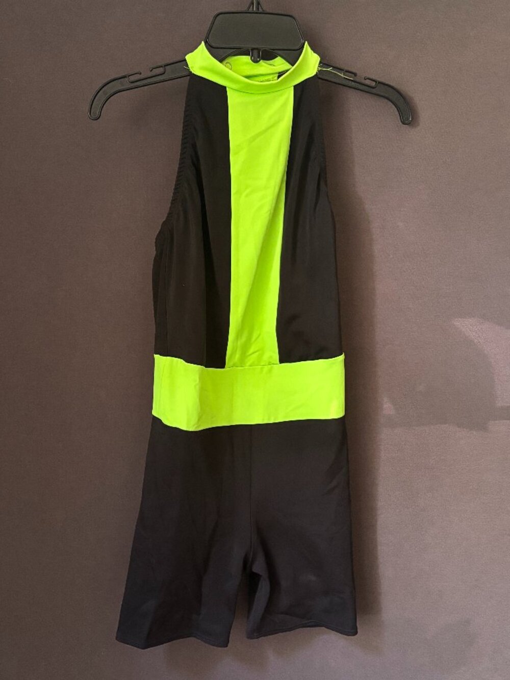 KIZZI Dancewear Neon Green Black Color Block Mock Neck Biketard Costume YL